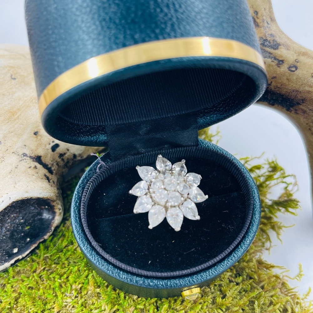 Vintage Stunning Large Crystal Sunflower 925 Cocktail Unique Statement Ring.